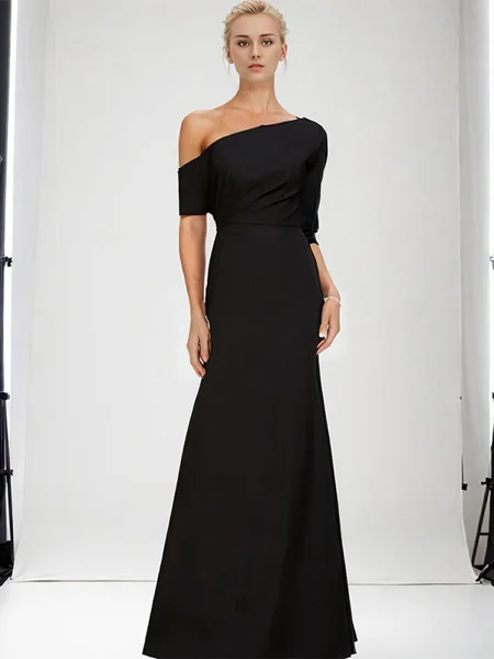 Sheath One-Shoulder Short Sleeves Ruffles Floor-Length Stretch Crepe Mother of the Bride Dress