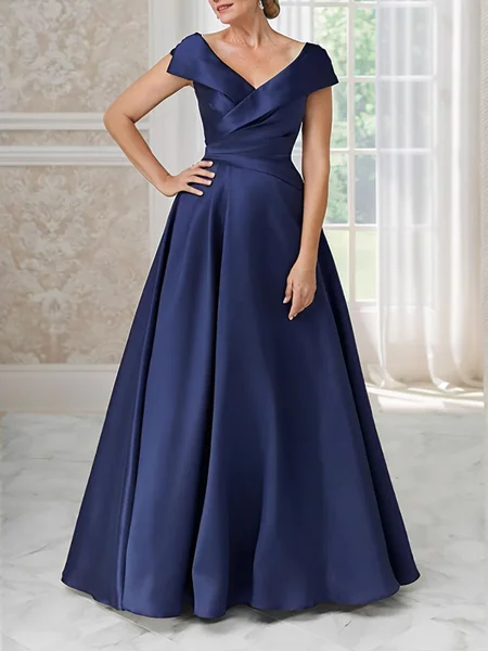 A-line V-neck Short Sleeves Ruffles Floor-Length Satin Mother of the Bride Dress