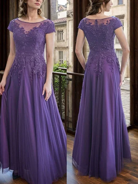 A-line Bateau Short Sleeves Appliques Lace Floor-Length Tulle Mother of the Bride Dress