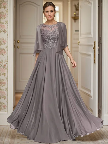 A-line Bateau 1/2 Sleeves Appliques Lace Floor-Length Chiffon Mother of the Bride Dress