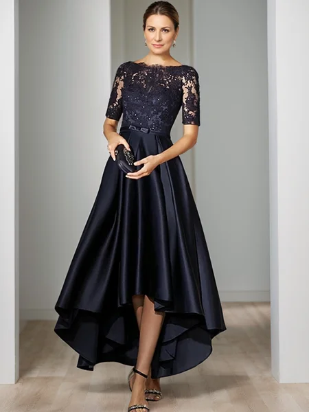 A-line Bateau 1/2 Sleeves Appliques Lace Ankle-Length Satin Mother of the Bride Dress