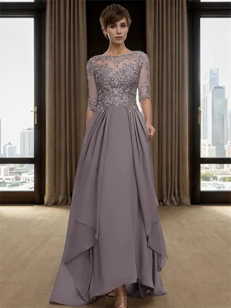 A-line Bateau 1/2 Sleeves Appliques Lace Asymmetrica Chiffon Mother of the Bride Dress