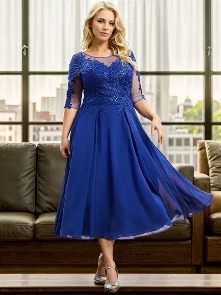 A-line Bateau 1/2 Sleeves Appliques Lace Tea-Length Chiffon Mother of the Bride Dress