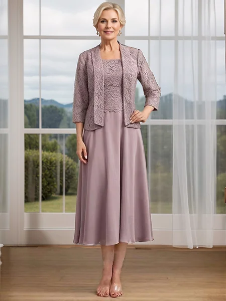 A-line Square 3/4 Sleeves Ruffles Tea-Length Chiffon Mother of the Bride Dress