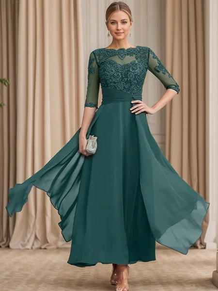 A-line Bateau 1/2 Sleeves Appliques Lace Ankle-Length Chiffon Mother of the Bride Dress