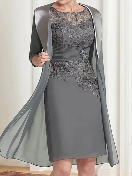 Sheath Bateau 1/2 Sleeves Appliques Lace Short/Mini Chiffon Mother of the Bride Dress