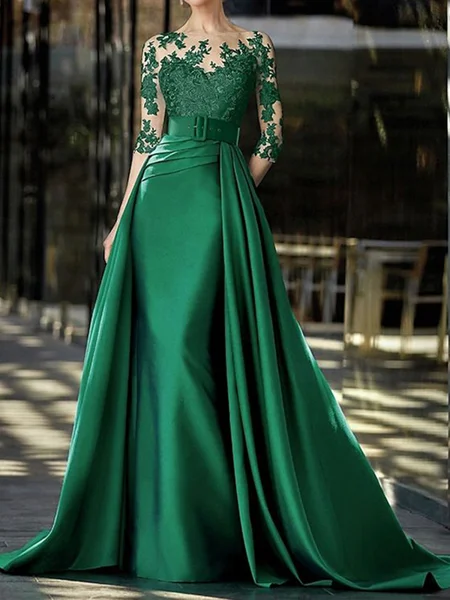 Sheath/Column Satin Scoop Long Sleeves Court Train Dress