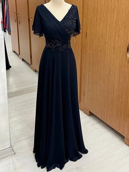 A-line V-neck Short Sleeves Appliques Lace Floor-Length Chiffon Mother of the Bride Dress