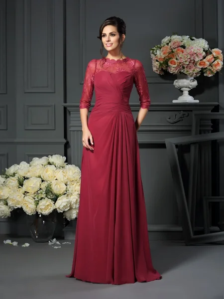 A-Line/Princess Scoop Sweep Train Chiffon Mother of the Bride Dresses With Appliques Lace