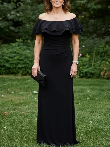 Sheath Off-the-Shoulder Pleated Floor-Length Chiffon Mother of the Bride Dress