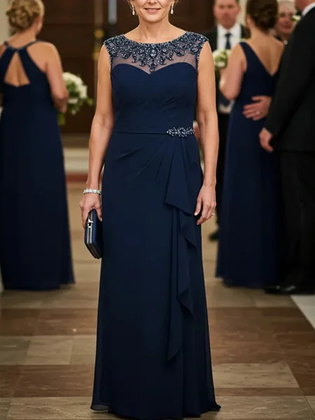 Sheath Scoop Beading Floor-Length Chiffon Mother of the Bride Dress