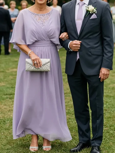 A-line Scoop 1/2 Sleeves Appliques Lace Ankle-Length Chiffon Mother of the Bride Dress