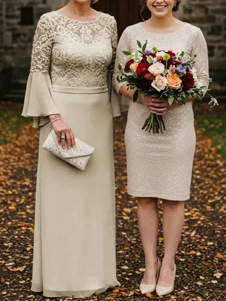 Sheath Scoop Long Sleeves Appliques Lace Floor-Length Chiffon Mother of the Bride Dress