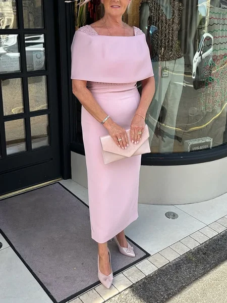 Sheath Square Short Sleeves Beading Tea-Length Stretch Crepe Mother of the Bride Dress