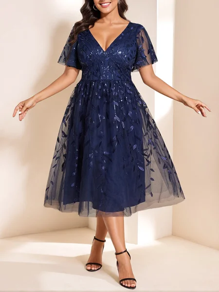 A-line V-neck Short Sleeves Tea-Length Lace Mother of the Bride Dress