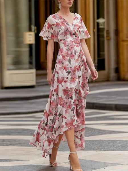 A-line V-neck Short Sleeves Ruffles Asymmetrical Mother of the Bride Dress