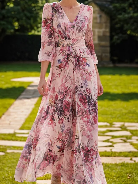 A-line V-neck 3/4 Sleeves Ruffles Ankle-Length Mother of the Bride Dress