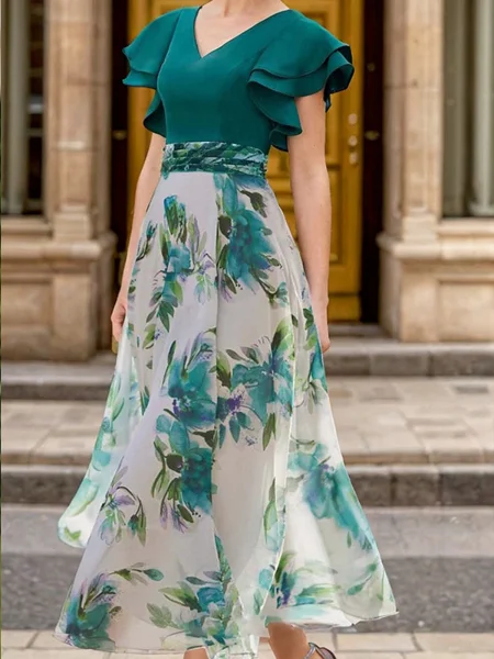 A-line V-neck Short Sleeves Ruffles Tea-Length Mother of the Bride Dress