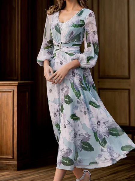 A-line V-neck Long Sleeves Pleated Tea-Length Mother of the Bride Dress