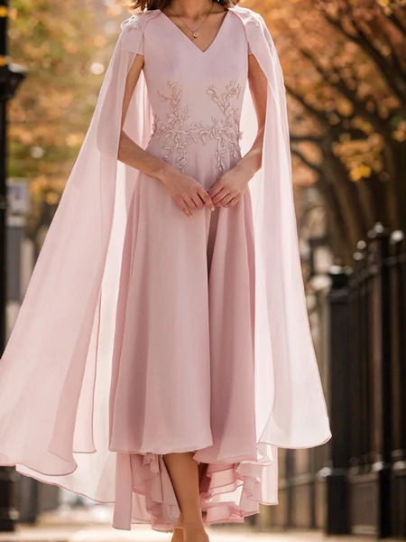 A-line V-neck Short Sleeves Appliques Lace Ankle-Length Chiffon Corset Mother of the Bride Dress