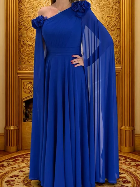 A-line Long Sleeves Flower Floor-Length Chiffon Corset Mother of the Bride Dress