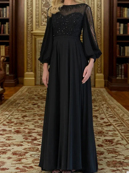 A-line Scoop Long Sleeves Beading Floor-Length Chiffon Corset Mother of the Bride Dress