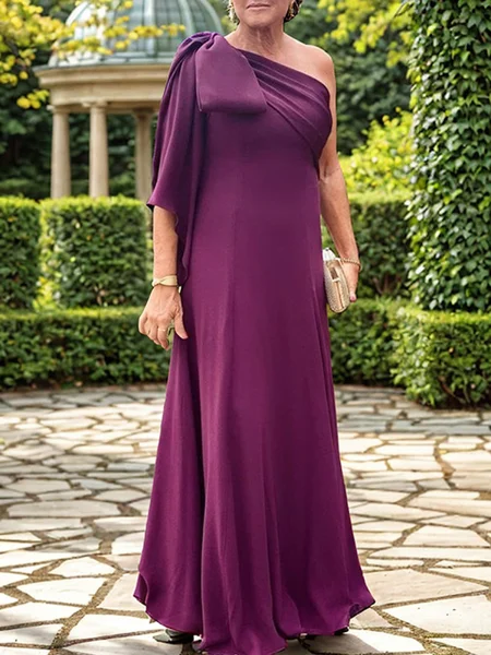 Sheath One-Shoulder 3/4 Sleeves Bow Floor-Length Stretch Crepe Mother of the Bride Dress