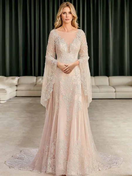 A-line/Princess Tulle Scoop Long Sleeves Sweep Train Mother of the Bride Dress