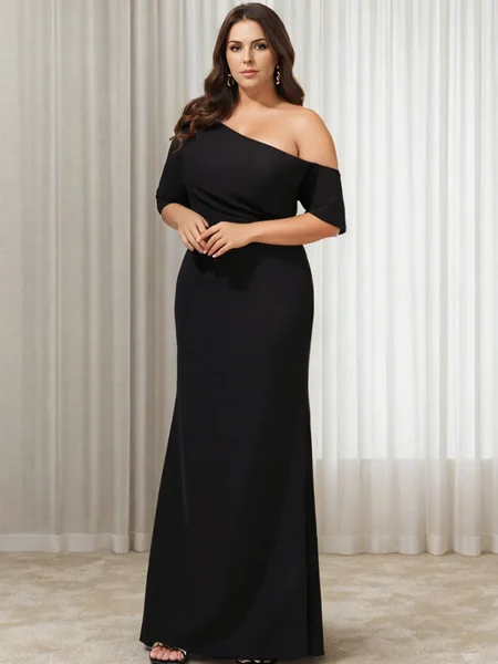Sheath/Column Stretch Crepe One Shoulder 1/2 Sleeves Floor-Length Mother of the Bride Dress