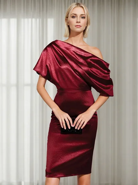 Sheath/Column Silk like Satin One Shoulder 1/2 Sleeves Knee-Length Mother of the Bride Dress
