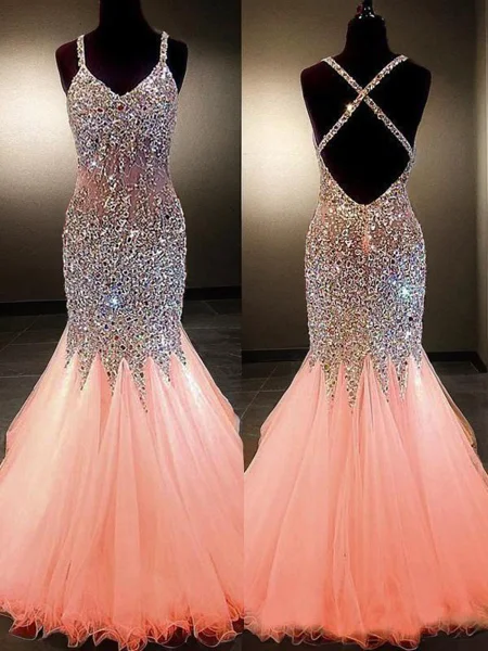 Trumpet/Mermaid V-neck Floor-Length Tulle Prom Dresses With Rhinestone