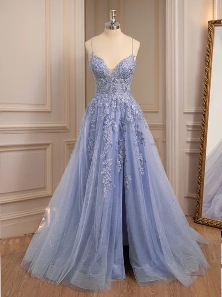 A-line V-neck Appliques Lace Sweep Train Corset Dress