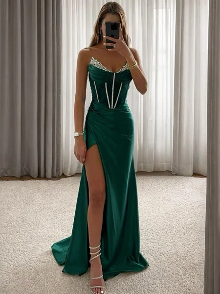 Sheath Sweetheart Rhinestone Sweep Train Silk Like Satin Corset Dress