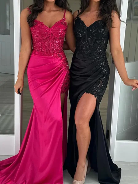 Sheath V-neck Appliques Lace Sweep Train Silk Like Satin Corset Dress