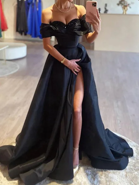 A-line Off-the-Shoulder Pleated Sweep Train Satin Dress