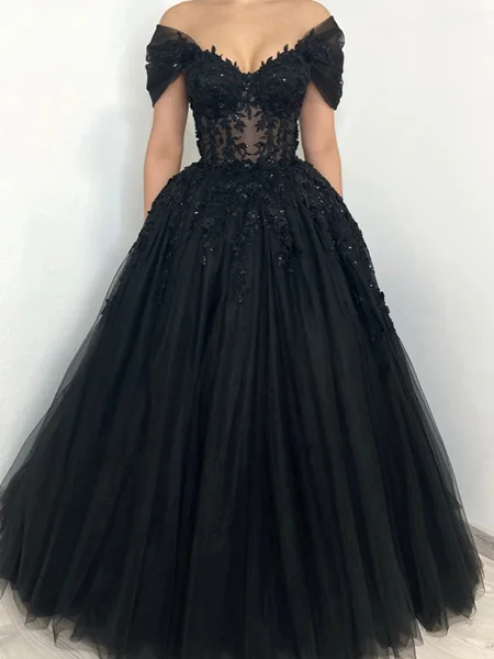 A-line Off-the-Shoulder Appliques Lace Floor-Length Tulle Corset Dress