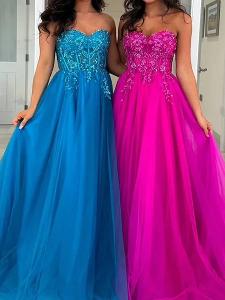 A-line Sweetheart Appliques Lace Floor-Length Tulle Corset Dress