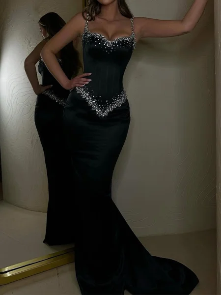 Sheath/Column Satin Straps Sleeveless Court Train Dress