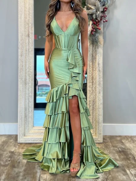 A-line/Princess Silk Like Satin V-neck Sleeveless Asymmetrical Leg Slit Dress