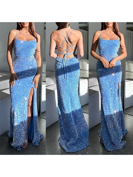 Sheath/Column Velvet Sequins Spaghetti Straps Sleeveless Sweep Train Leg Slit Dress