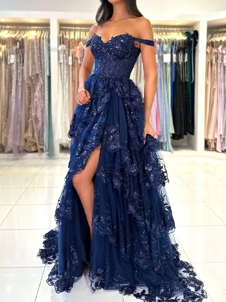 A-line/Princess Tulle Off-the-Shoulder Sleeveless Asymmetrical Leg Slit Dress