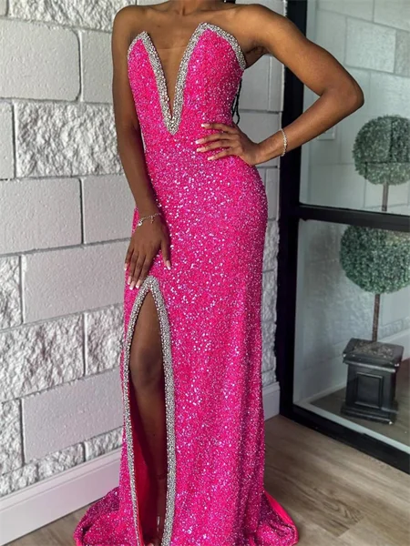 Sheath V-neck Beading Sweep...