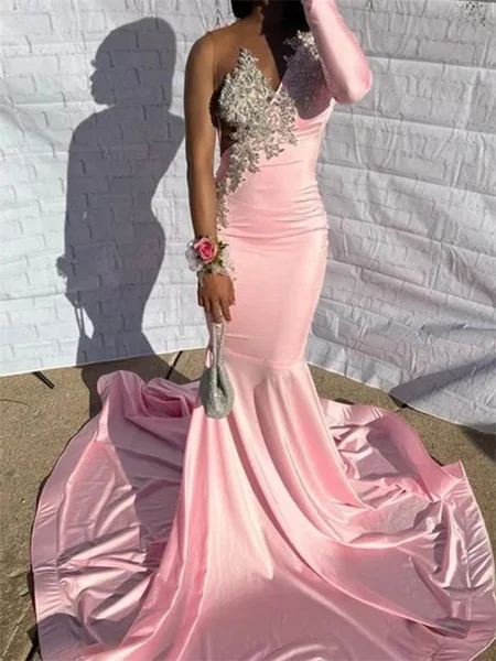 Mermaid Scoop Long Sleeves Appliques Lace Sweep Train Dress