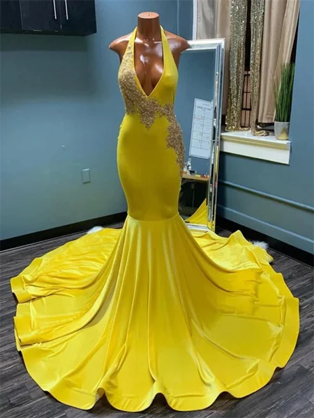 Mermaid Halter Appliques Lace Sweep Train Velvet Dress