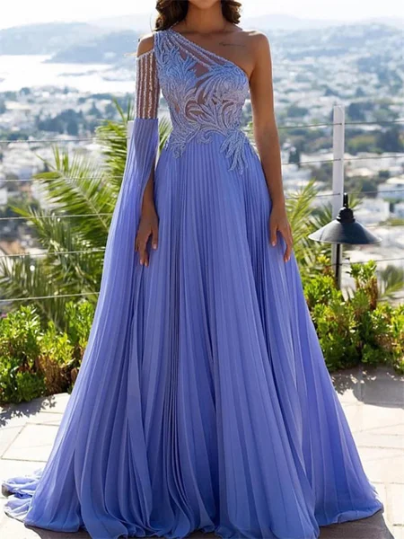 A-line One-Shoulder Long Sleeves Appliques Lace Sweep Train Chiffon Dress