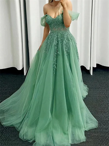 A-line Off-the-Shoulder Appliques Lace Court Train Tulle Corset Dress
