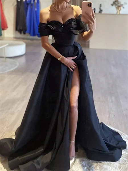 A-line Off-the-Shoulder Ruffles Sweep Train Satin Dress