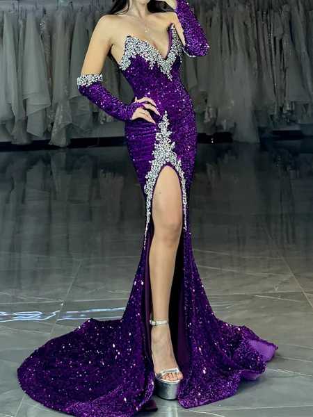 Sheath V-neck Long Sleeves Rhinestone Court Train Velvet Sequins Dress