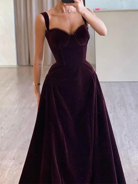 A-line Sweetheart Ruffles Sweep Train Velvet Corset Dress