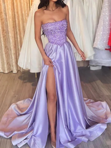 A-line Straight Sequin Court Train Satin Dress